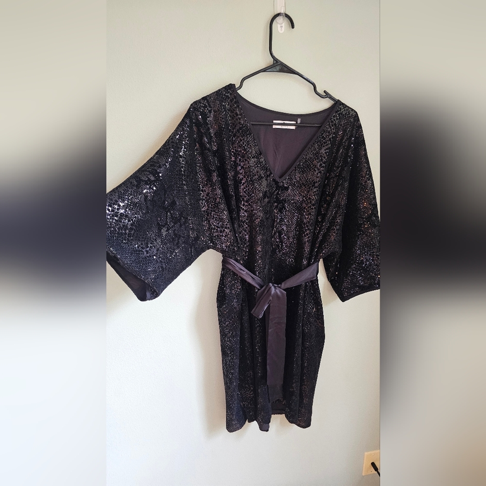 Natori Black Velvet Shimmer Kimono Tunic Dress Size XL - Picture 2 of 10